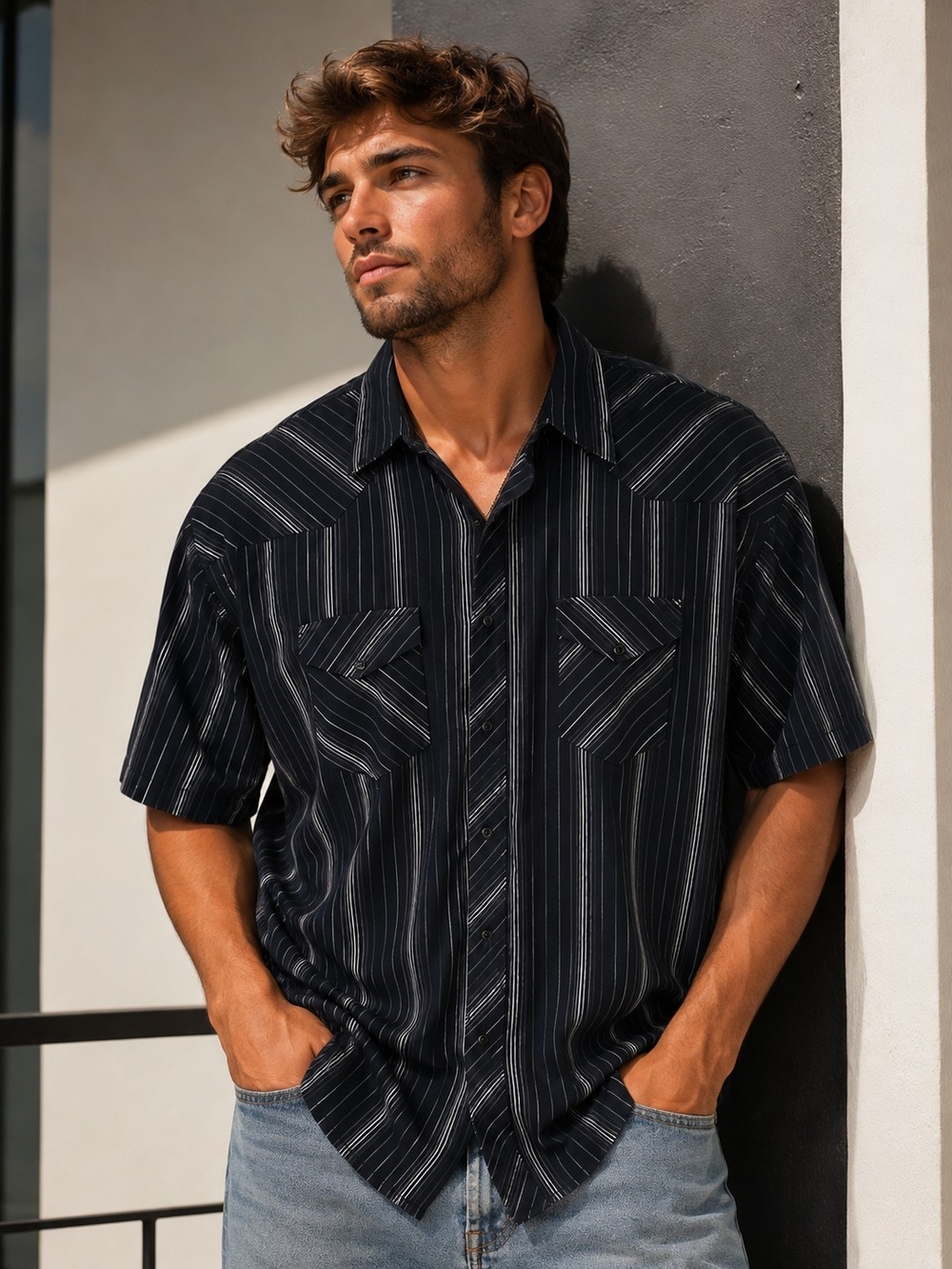 Wrangler Authentic Western Black Short-Sleeve Striped Button-Down Shirt
